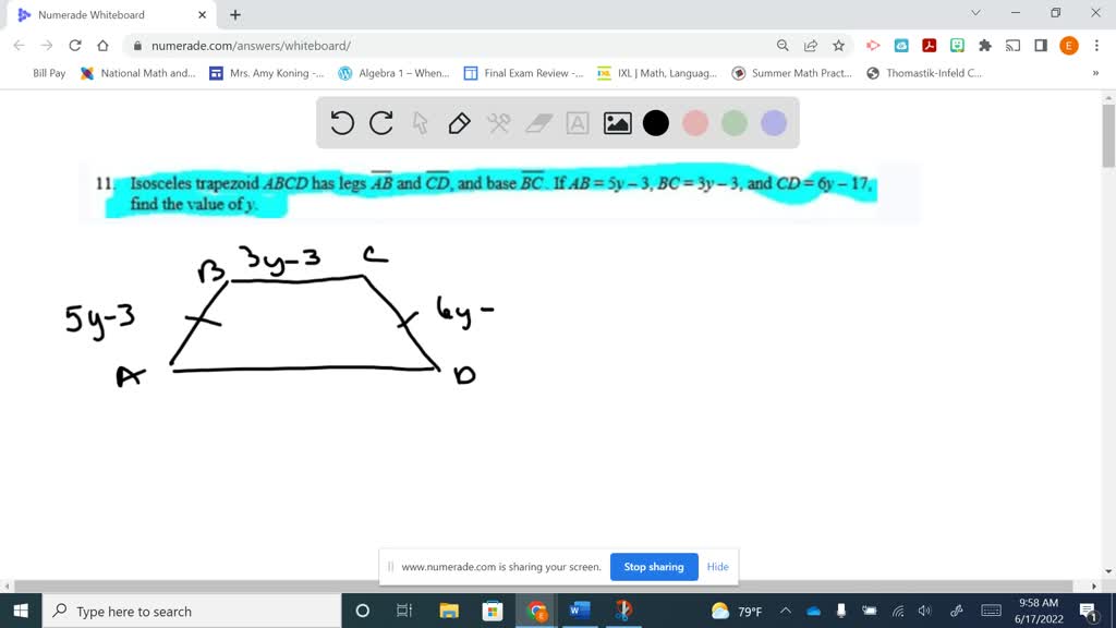 Solved: Isosceles Trapezoid Abcd Has Legs Ab And Cd, And Base Bc If.ab = 6 -7, Bc = 2Y - 4, And Cd=7Y - 20 Find The Value Of Y.