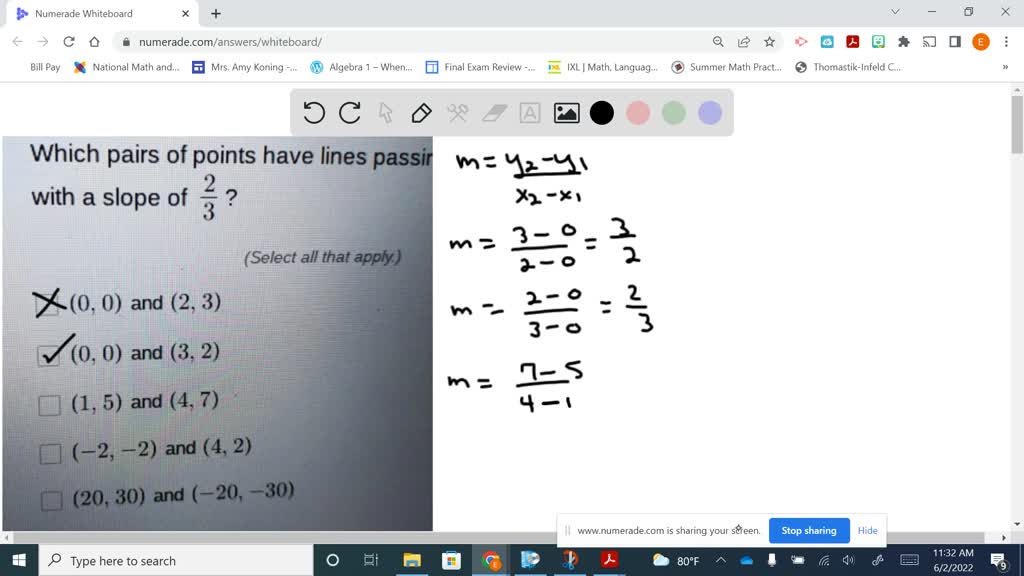 Solved: Which Of These Sets Of Ordered Pairs Would Define A Line With A Negative Slope? O A. (5, 5) And (0, 1) Ob. (2, 3) And (-4, -1) O C (3, 6) And (5, 1) O D. (2, 3) And (76)