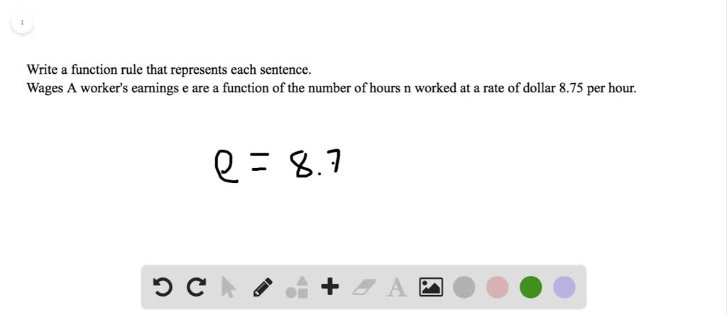 Solved:write A Function Rule That Represents Each Situation. Wages A Worker's Earnings E Are A Function Of The Number Of Hours N Worked At A Rate Of Dollar 8.75 Per Hour.
