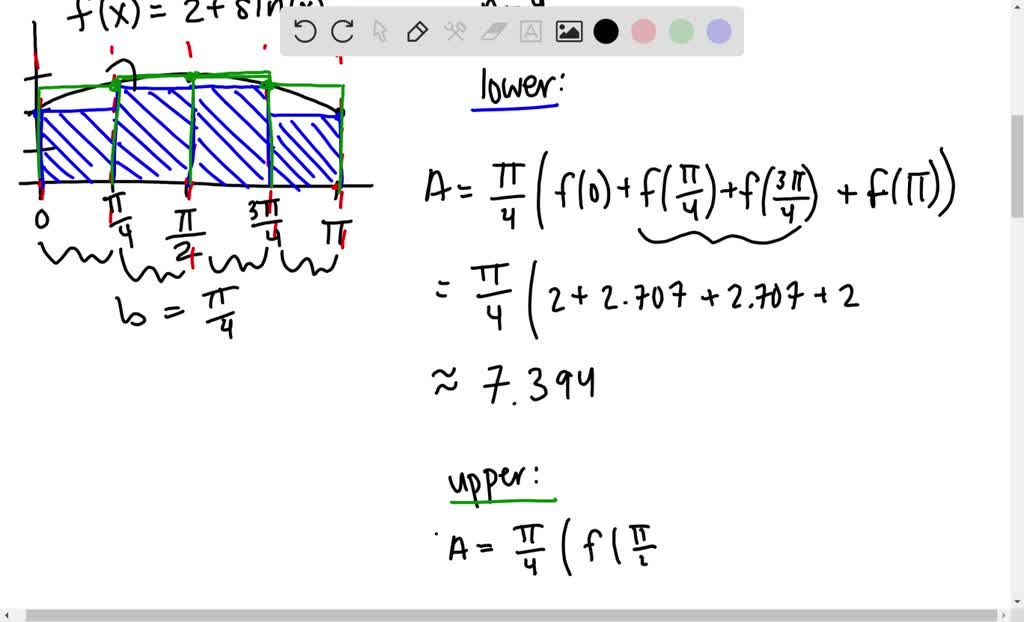 Evaluate the upper and lower sums for f(x)=2+sinx 0 ⩽x ⩽π, with n=2,4