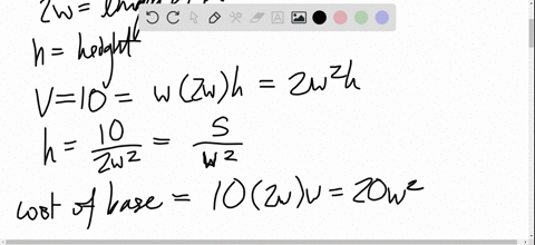 Solved:a Rectangular Storage Container With An Open Top Is To Have A Volume Of 10 M^3 . The Length Of Its Base Is Twice The Width. Material For The Base Costs 10