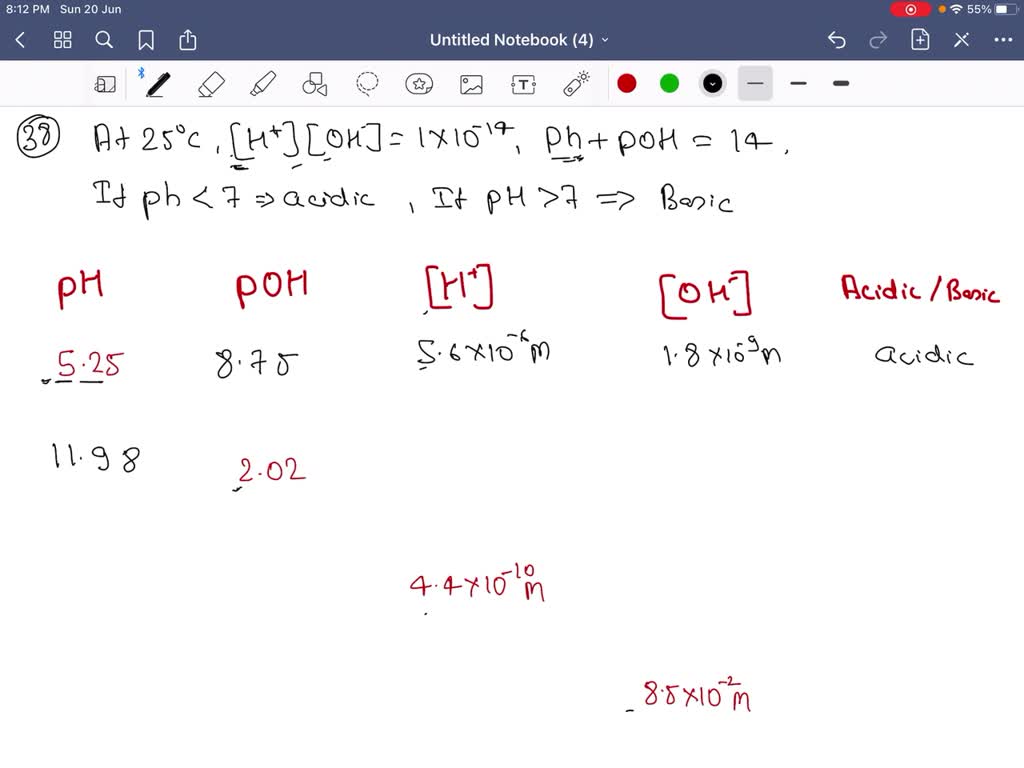 SOLVED pH pOH [H+] [OH] Acidic or Basic? 5.40 1.99 5.3*1010 M 8.3*10