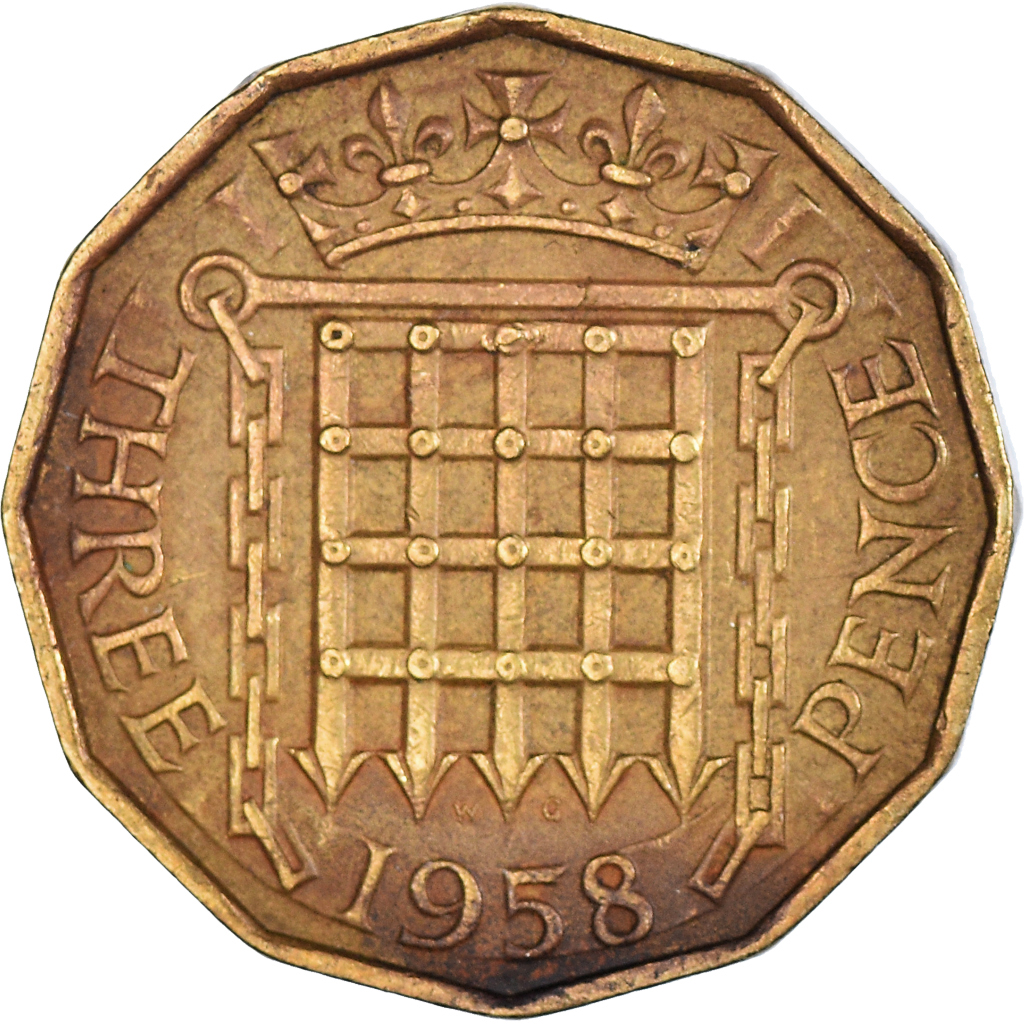 Coin, Great Britain, 3 Pence, 1958 European Coins