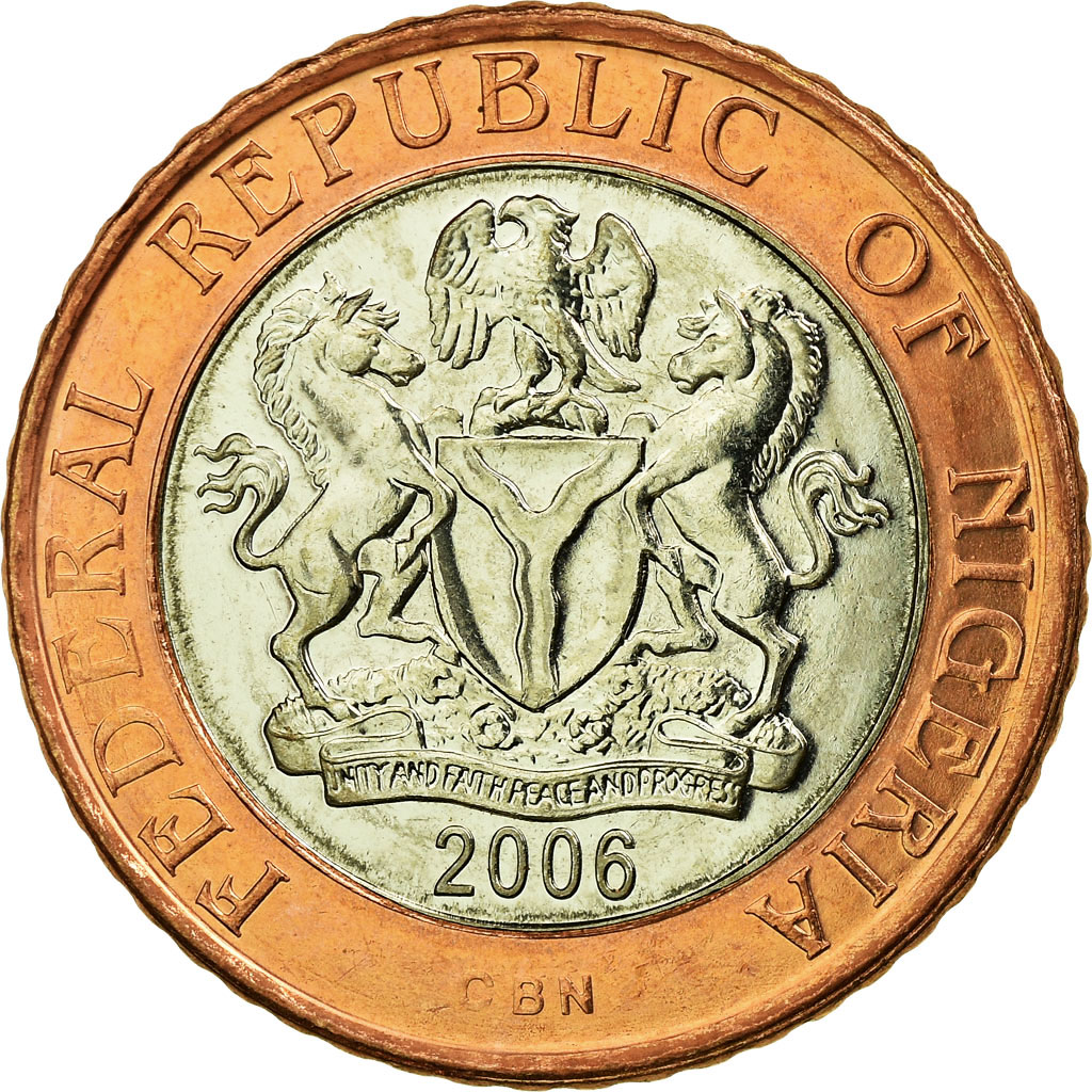 Coin, Nigeria, 2 Naira, 2006, AU(5558), BiMetallic, KM19 African Coins