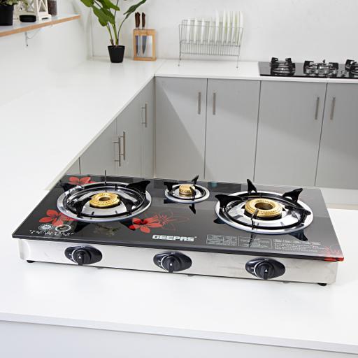 Buy Geepas Triple Burner Gas Cooker With Tempered Glass Top Online in