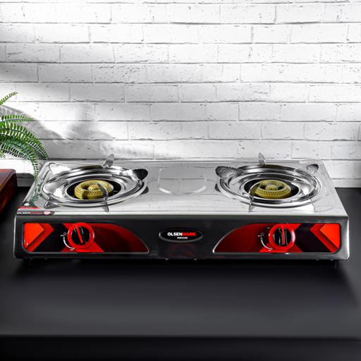 Olsenmark Double Burner Stainless Steel Gas Cooker, OMK2230 Indian Brass Burner Cap Enamal