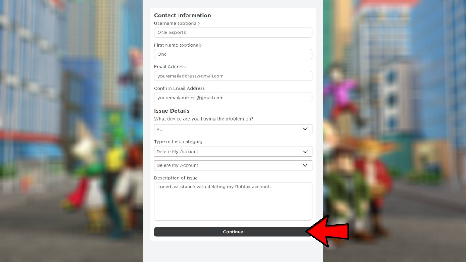 Completed Roblox support form sent to Roblox Customer Service requesting to delete Roblox account