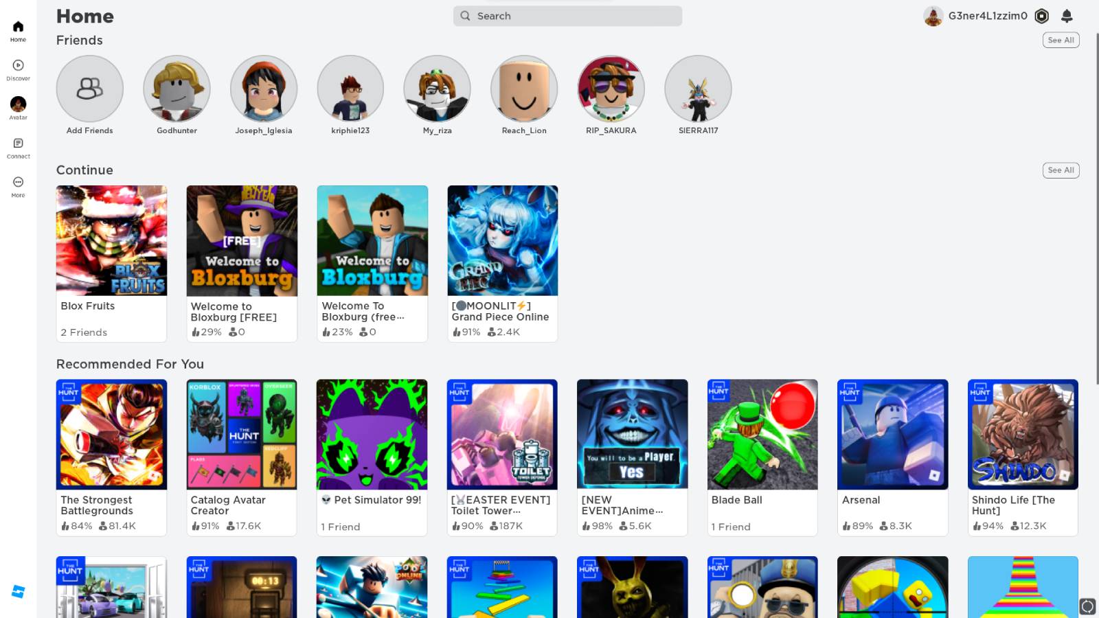 Opening Roblox on PC: home screen