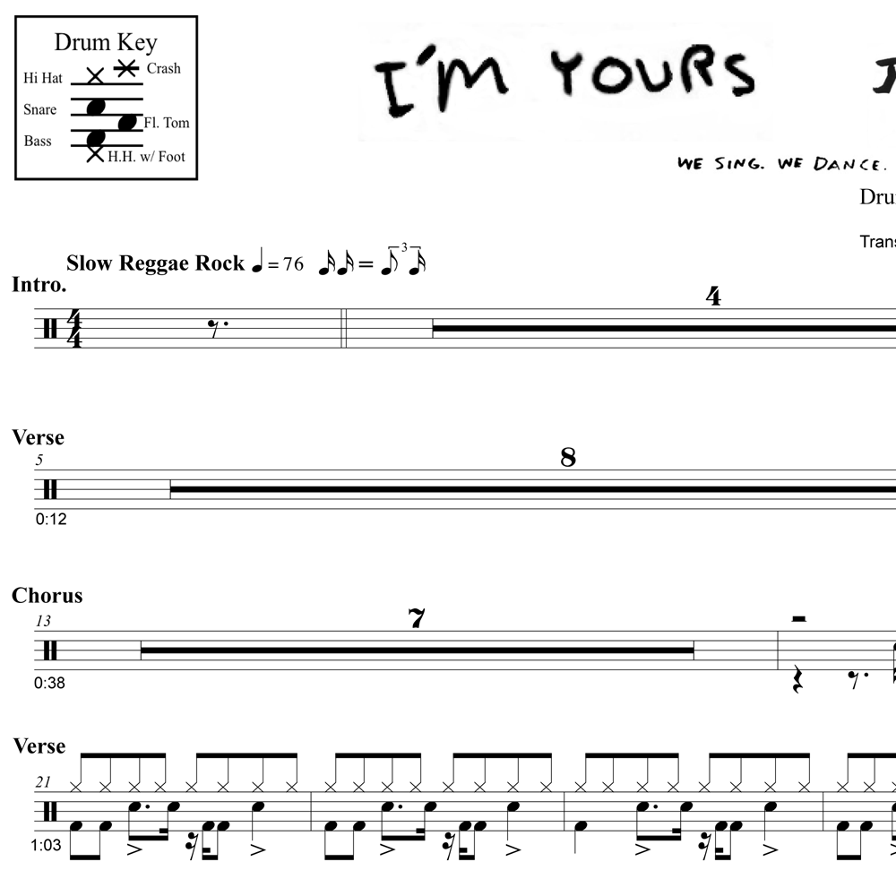 I'm Yours Jason Mraz Drum Sheet Music
