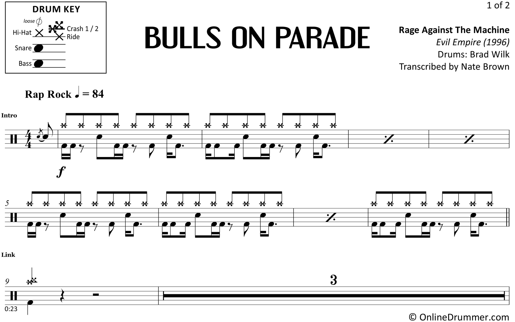 Bulls on Parade Rage Against the Machine Drum Sheet Music