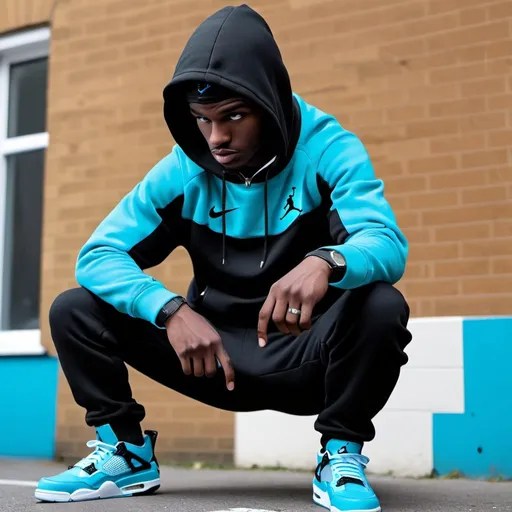 Draw a roadman with cyan nike tech fleece tracksuit...