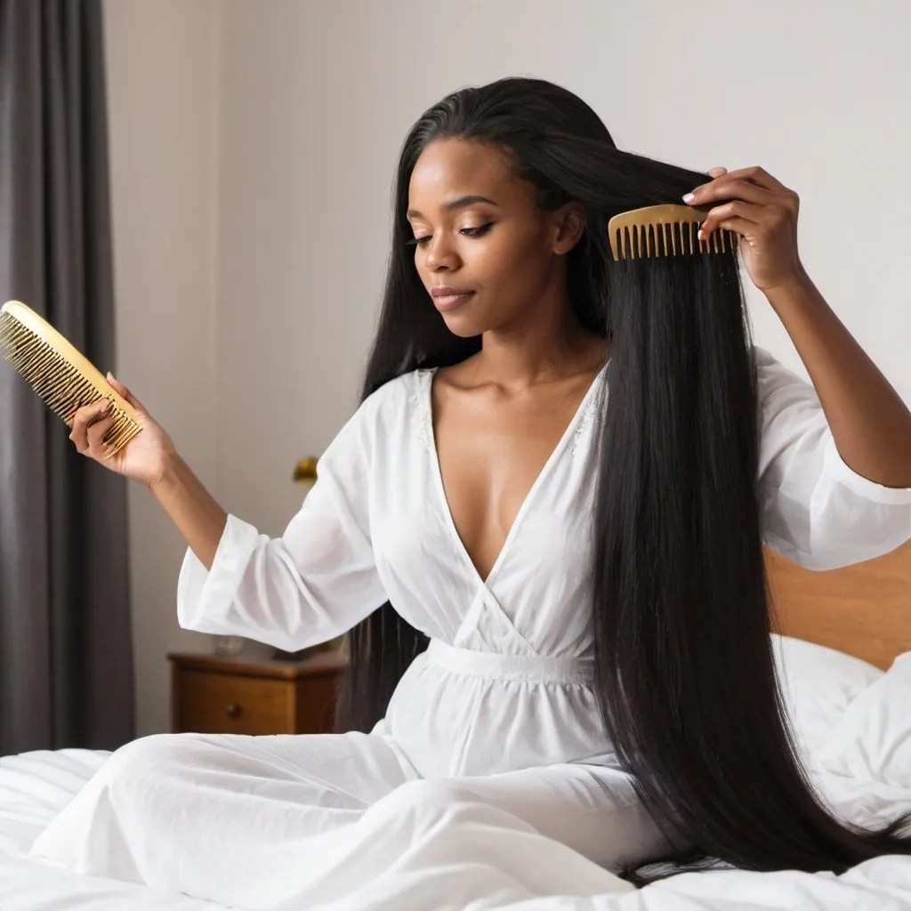 Beautiful black woman combing her very long hair wit