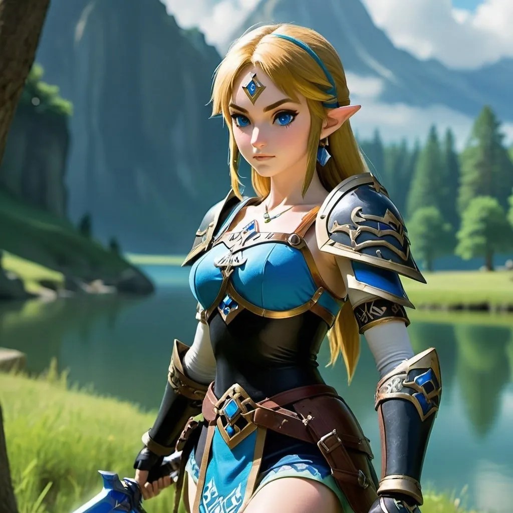 Zelda wearing blue and black skimpy armor, holding t...(04)