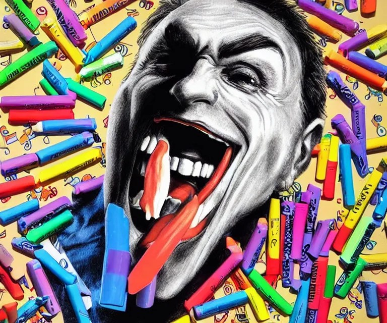 happy treacher collins batman eating crayons in Stable Diffusion