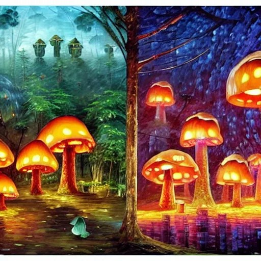 glowing mushroom houses in a forest village, art by Stable Diffusion
