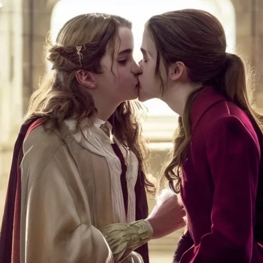 Photo of Hermione from Harry Potter kissing Beth Stable Diffusion