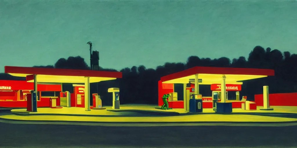 painting by edward hopper, gas station at dusk, 1 9 4 Stable Diffusion