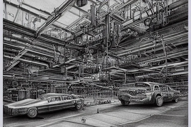 pencil art of a car factory, by pierre yves riveau, Stable Diffusion