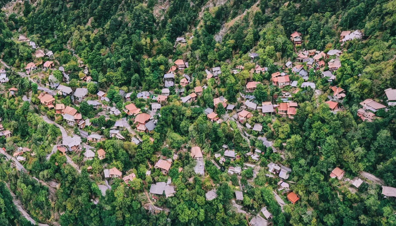 hidden village in the mountains, drone shot, highly Stable Diffusion
