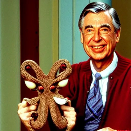 mr. rogers proudly displaying a horrific mutated Stable Diffusion