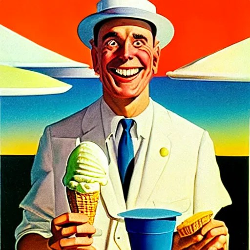 ice cream man holding an ice cream scoop up, wearing a Stable