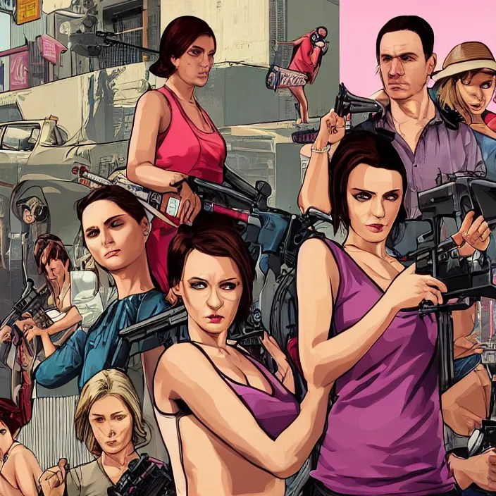 female protagonists in gta, cover art by stephen Stable Diffusion