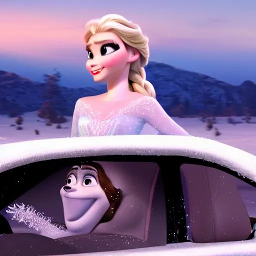 elsa is driving a car in frozen Stable Diffusion