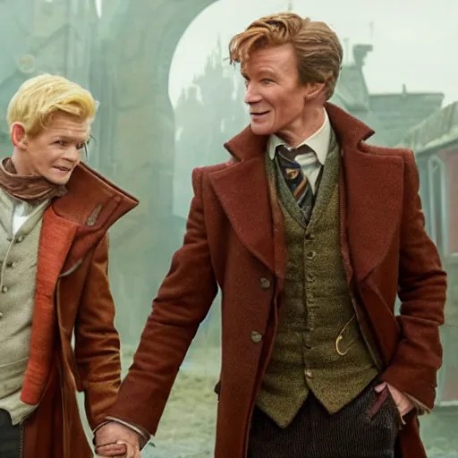 newt scamander walking hand in hand with baby groot Stable Diffusion