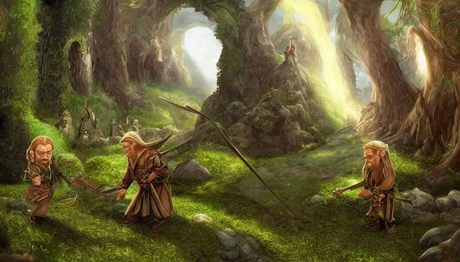 the dwarf gimli and the elf legolas in lothlorien, Stable Diffusion