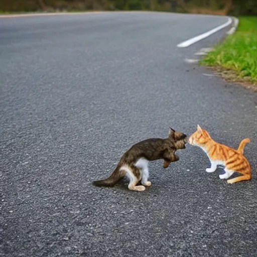 The little dog bumped into the little cat on the road Stable