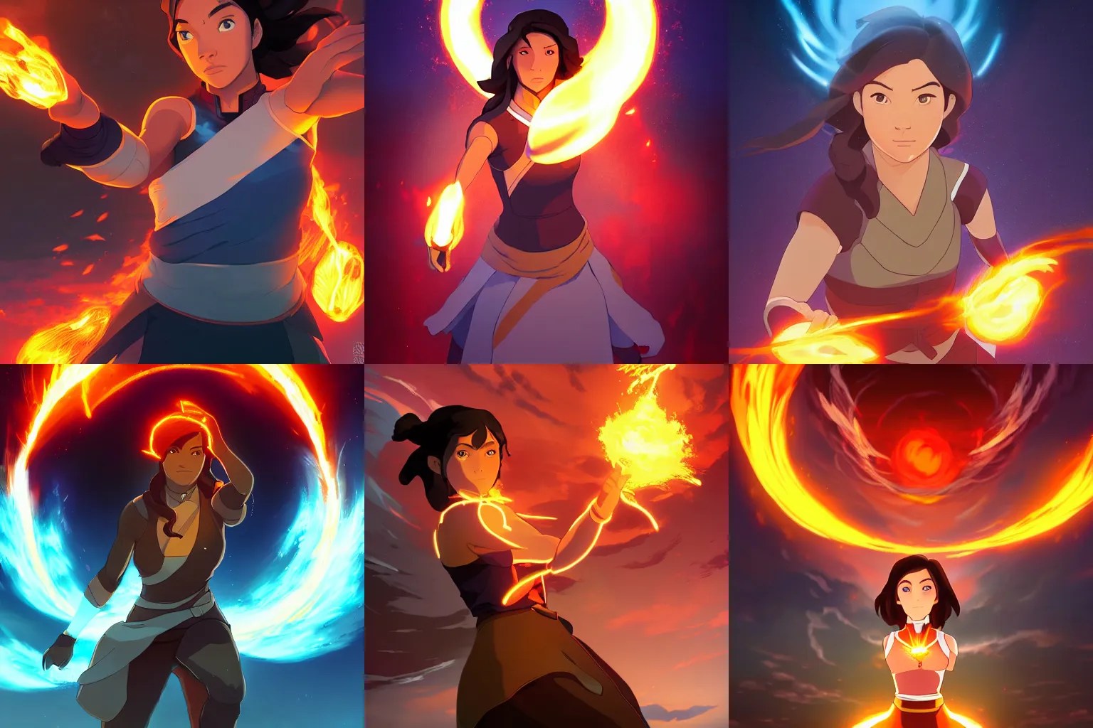 a portrait of Korra firebending, fireball lighting her Stable