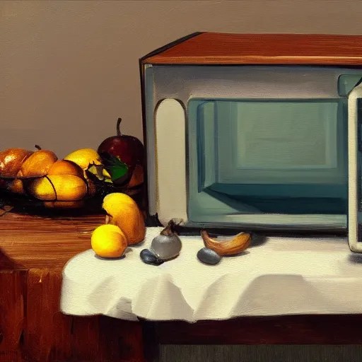 a beautiful painting of a microwave, a pear and a Stable Diffusion