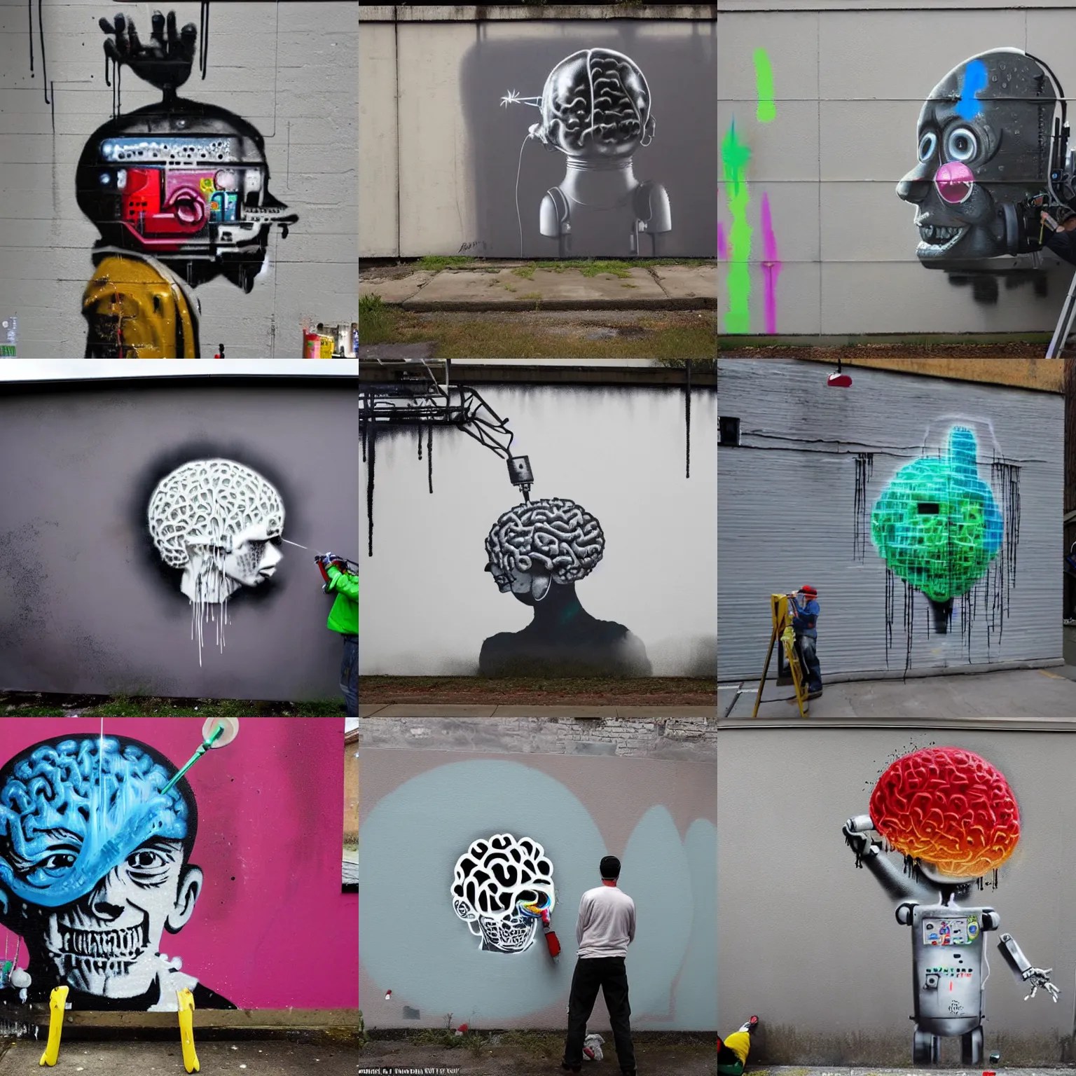 Spray painting on a wall of a robot making a painting Stable