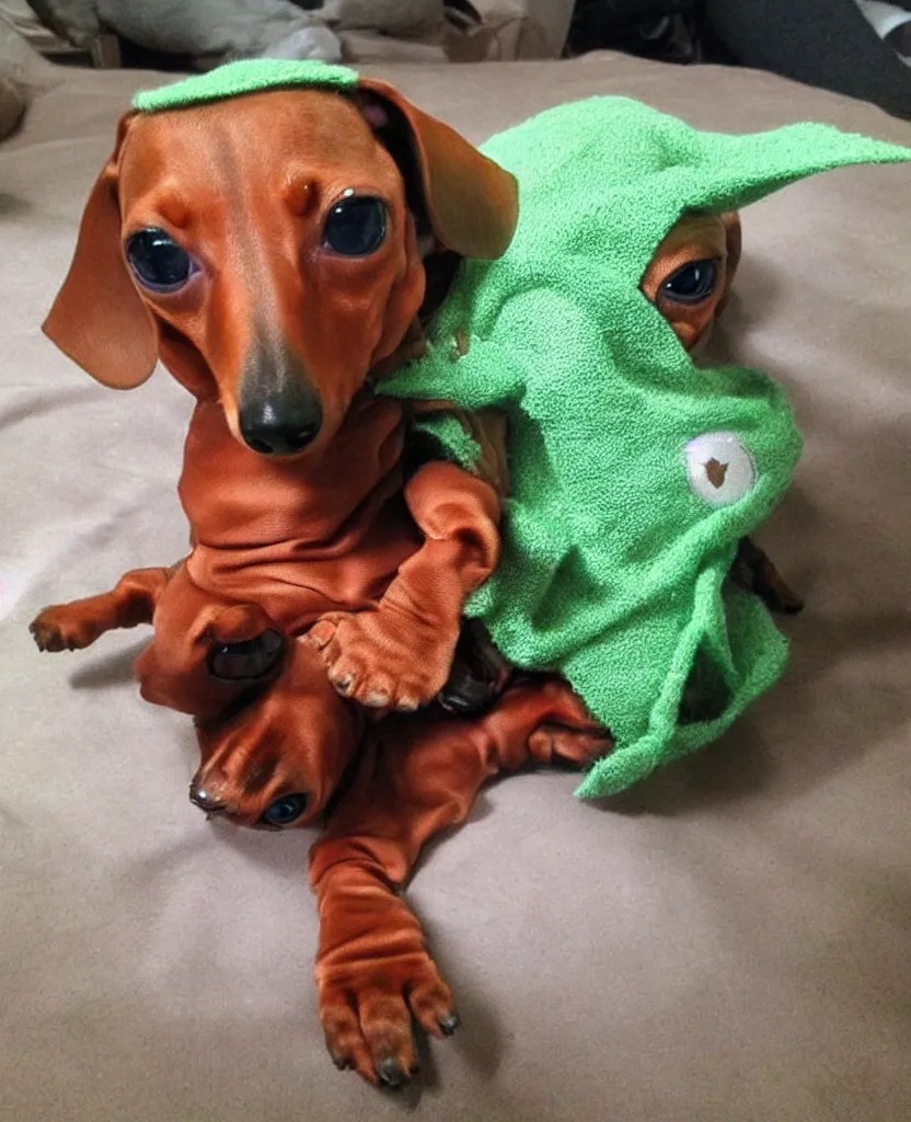 a dachshund dressed as Baby Yoda, Stable Diffusion OpenArt