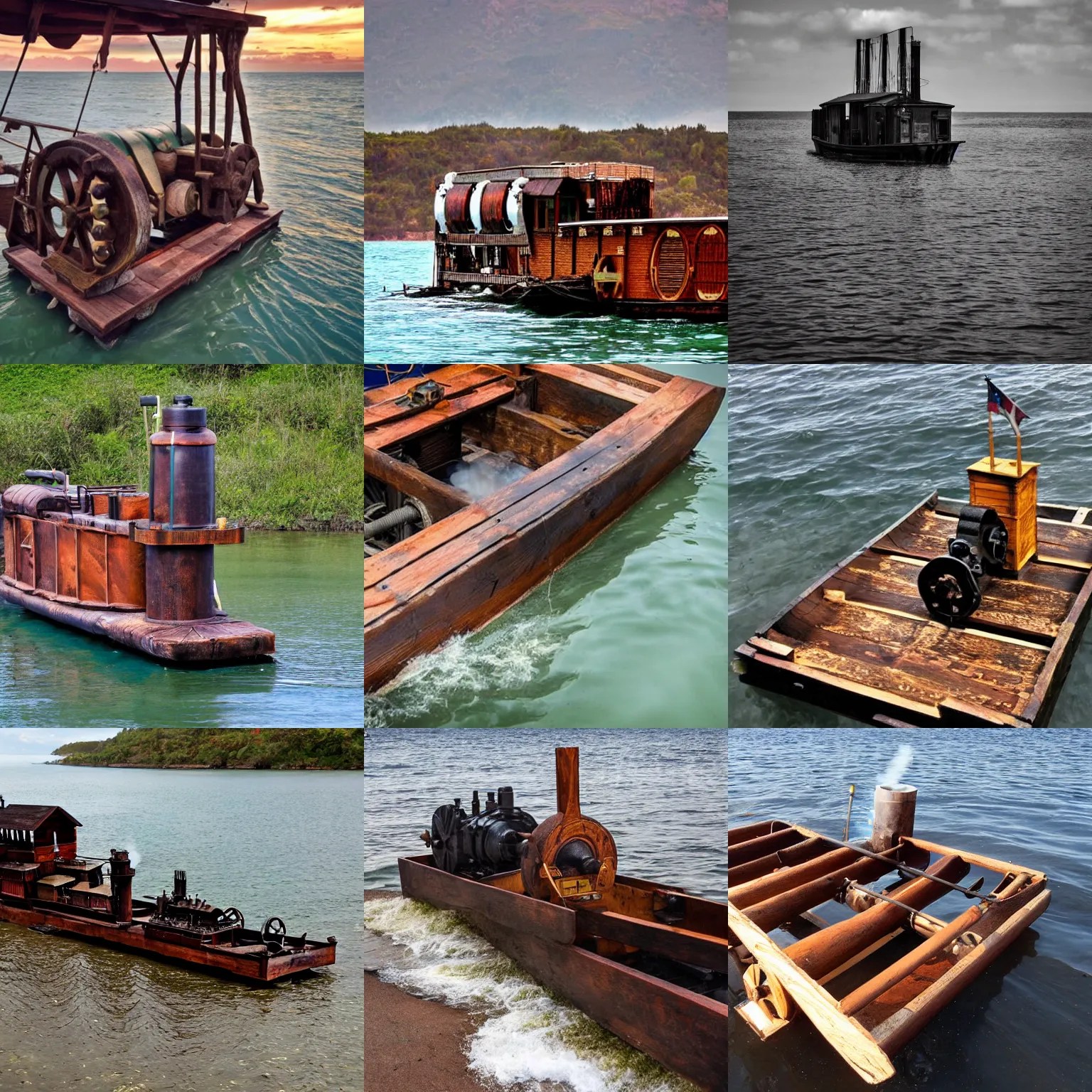 a steam engine on a homemade wooden raft in the ocean Stable