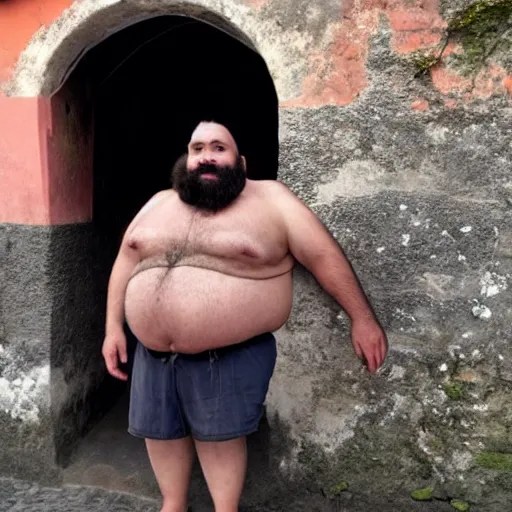 a picture of a very hairy fat man in all 4 in antigua | Stable Diffusion