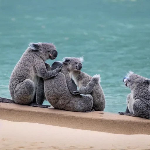 4 koalas swimming in the ocean as people watch Stable Diffusion