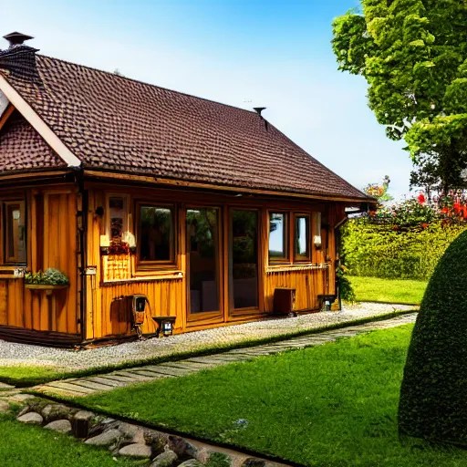 small wooden german garden house with a plastic roofed Stable