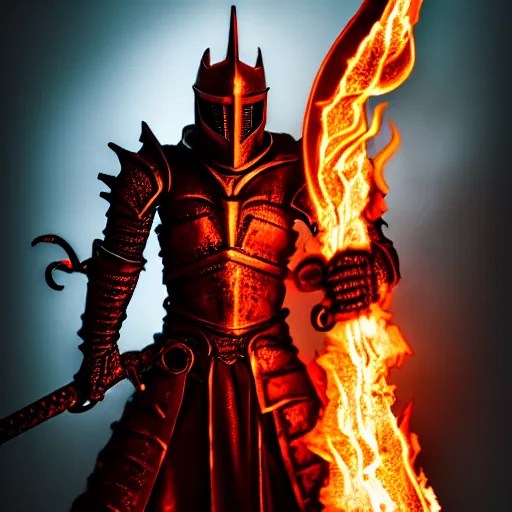 photo of a hell knight with a flaming sword, highly Stable Diffusion