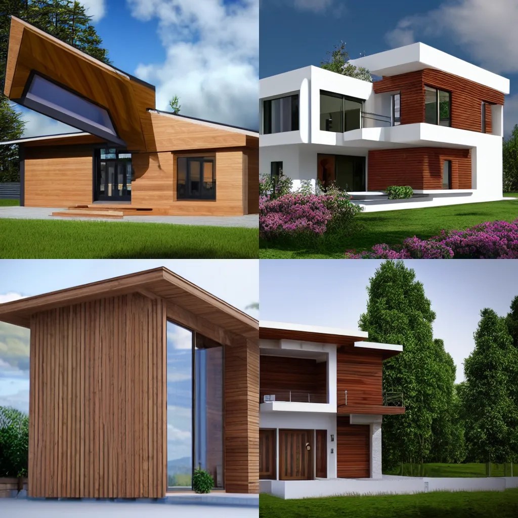 A beautiful modern house made of wood, photorealistic, Stable