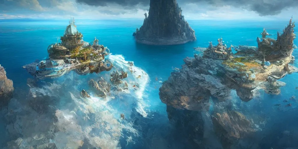 Floating fantasy island over a blue ocean, Darek Stable Diffusion