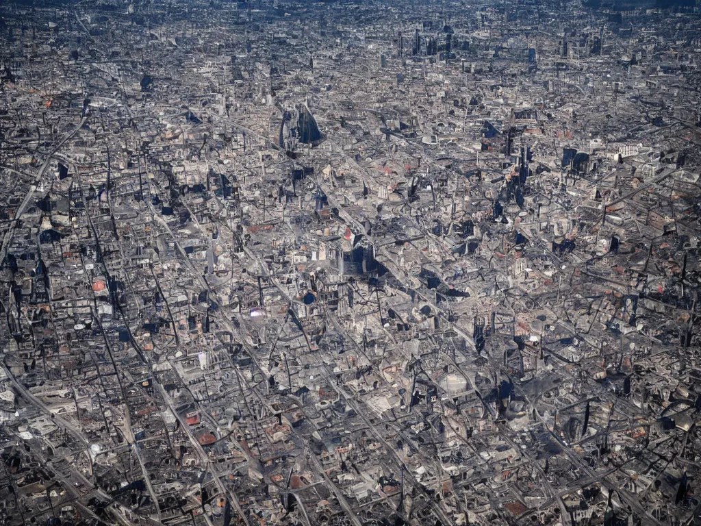 city is being destroyed by a falling meteor, view from Stable