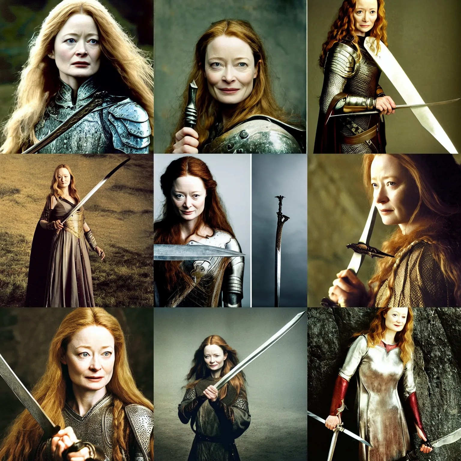 Miranda Otto as Eowyn, posing with a sword, candid Stable Diffusion