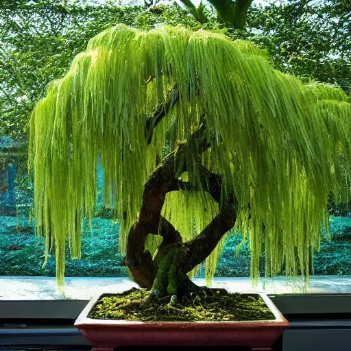 A Weeping willow bonsai tree, afternoon sun shines Stable Diffusion