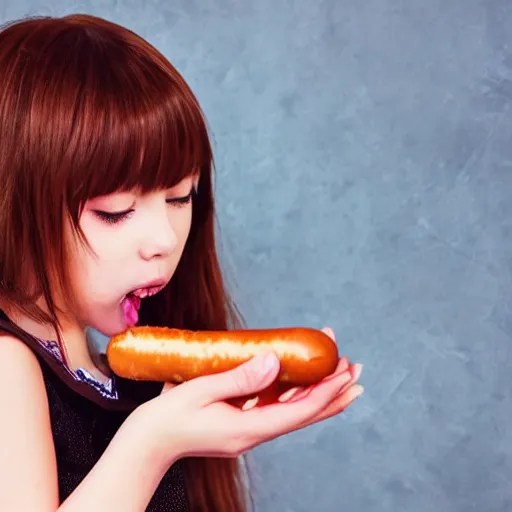 Anime girl eating hotdog, detailed photography Stable Diffusion