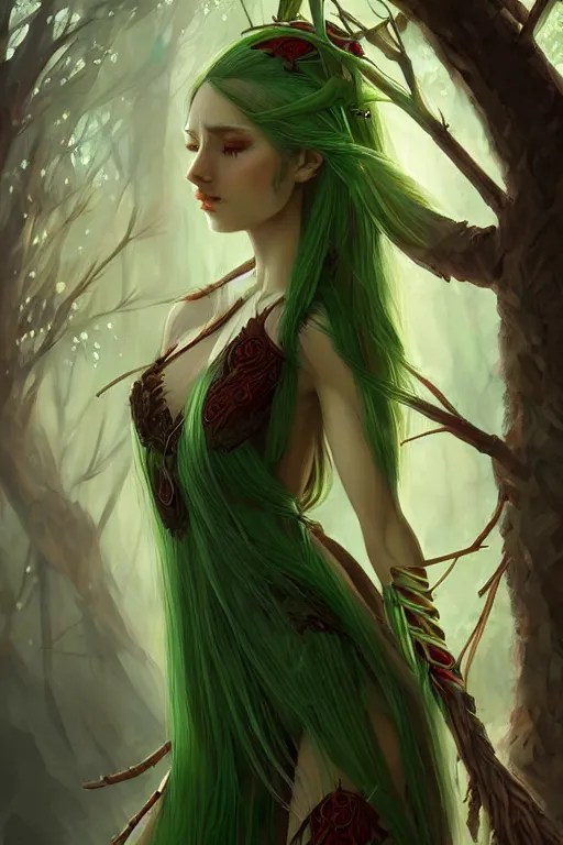 beautiful wood elf, female, green hair, brown skin, Stable Diffusion