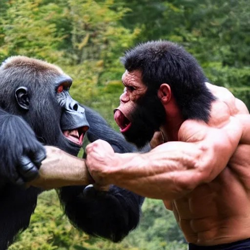 a muscular man punches a raging gorilla in the face Stable Diffusion