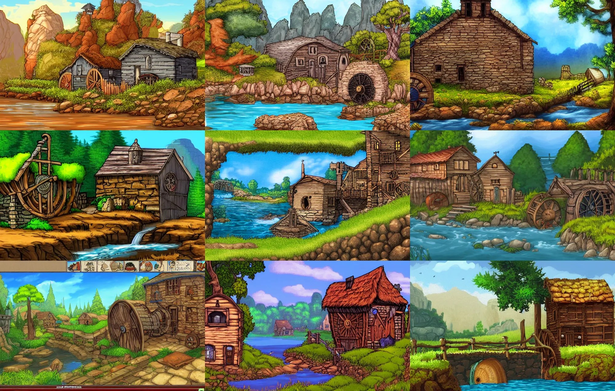 a cozy building with a waterwheel next to a river, Stable Diffusion