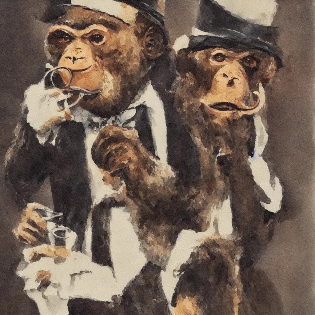 a monkey wearing a monocle and a top hat drinking tea, Stable Diffusion