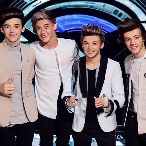 the cast of one direction manning the flight deck of Stable Diffusion